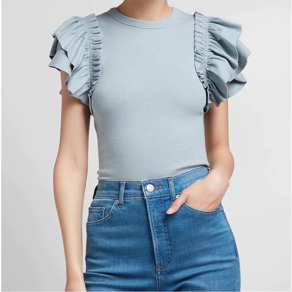 EXPRESS | Ribbed Ruffle Sleeve Top - Picture 1 of 6